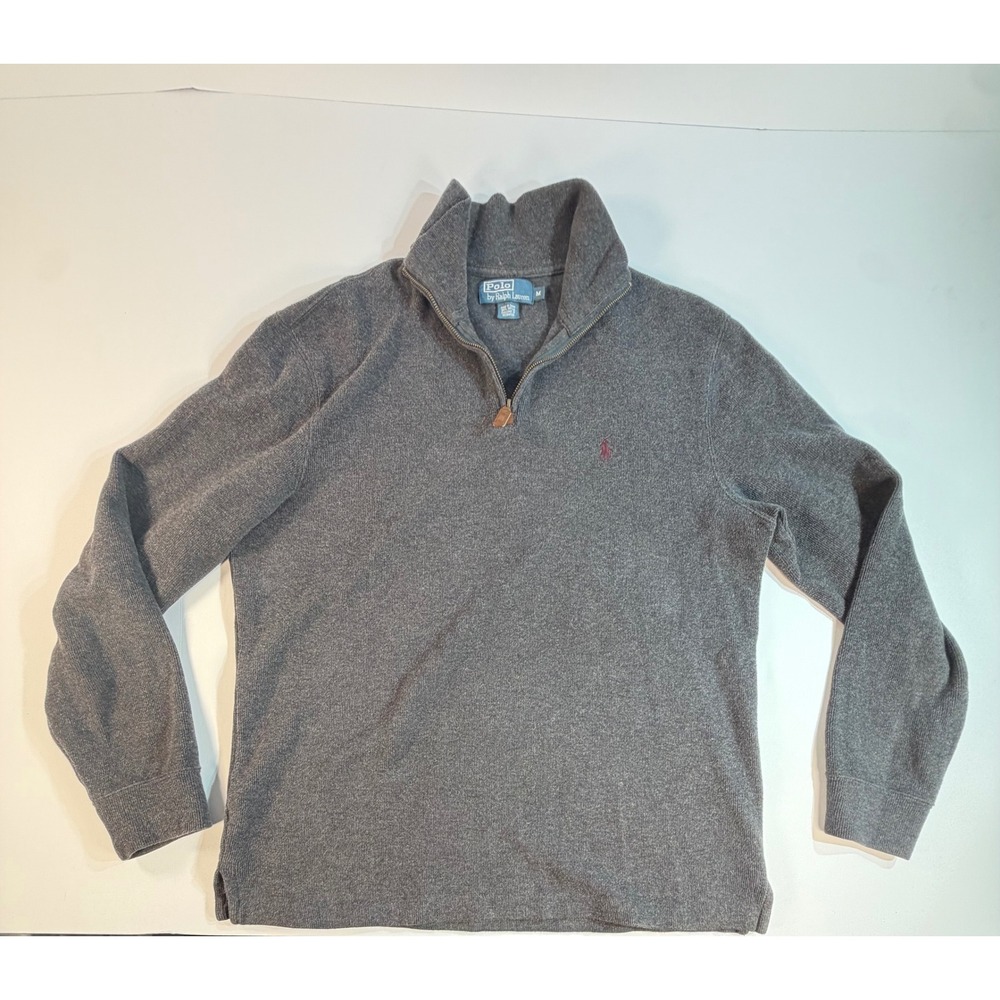 Polo Ralph Lauren Mens Medium Gray Cotton Quarter Zip Pullover Sweater Pony Logo